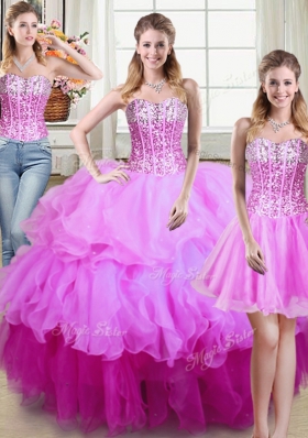 Fitting Three Piece Sequins Sweetheart Sleeveless Lace Up Quinceanera Gown Multi-color Organza