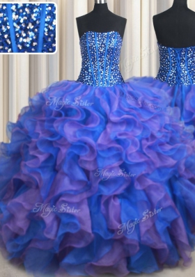 Floor Length Blue and Purple Sweet 16 Dresses Organza Sleeveless Beading and Ruffles