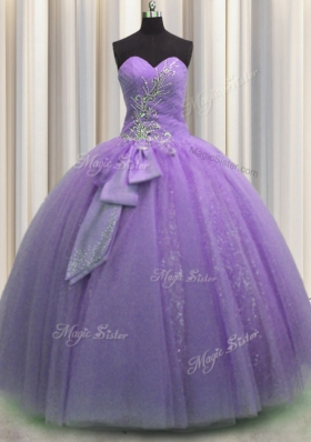 Sophisticated Floor Length Lavender Sweet 16 Dress Tulle Sleeveless Beading and Sequins and Bowknot