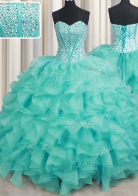 Turquoise Organza Lace Up Sweet 16 Quinceanera Dress Sleeveless Beading and Ruffles
