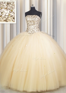 Colorful Really Puffy Gold Tulle Lace Up Strapless Sleeveless Floor Length Sweet 16 Quinceanera Dress Beading and Sequins