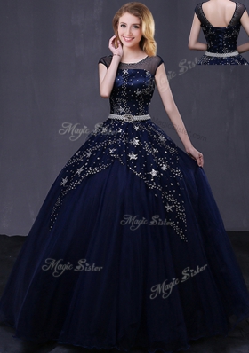 Glorious Scoop Navy Blue Cap Sleeves Tulle Lace Up Quinceanera Dresses for Military Ball and Sweet 16 and Quinceanera