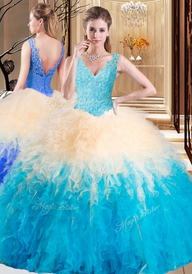 Multi-color Ball Gowns Tulle V-neck Sleeveless Appliques and Ruffles Floor Length Zipper 15th Birthday Dress
