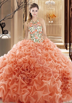 Top Selling Peach High-neck Neckline Embroidery and Ruffles Quinceanera Gown Sleeveless Backless