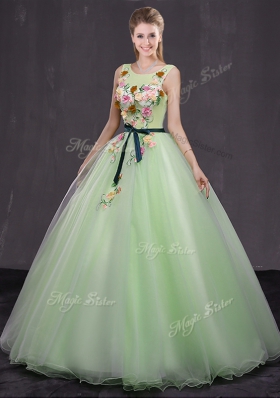 Custom Made Scoop Yellow Green Organza Lace Up Sweet 16 Dresses Sleeveless Floor Length Appliques