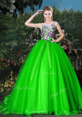 Scoop Ball Gowns Appliques and Belt Sweet 16 Quinceanera Dress Zipper Organza Sleeveless