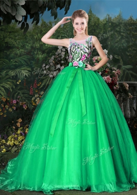 Scoop Green Ball Gowns Appliques and Belt 15th Birthday Dress Zipper Organza Sleeveless