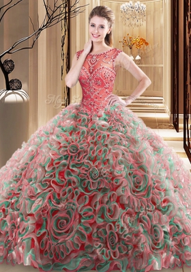 Scoop Multi-color Sleeveless Fabric With Rolling Flowers Brush Train Lace Up Quinceanera Gown for Military Ball and Sweet 16 and Quinceanera