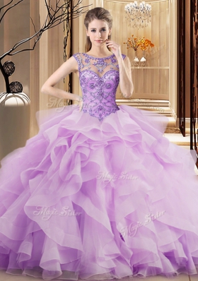Traditional Scoop Sleeveless Brush Train Beading and Ruffles Lace Up Quinceanera Gowns