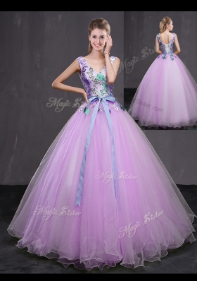 Beautiful Lilac Ball Gowns Tulle V-neck Sleeveless Appliques and Belt Floor Length Lace Up 15 Quinceanera Dress