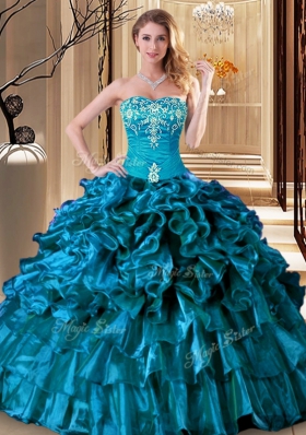 Glittering Floor Length Lace Up Quinceanera Dress Teal and In for Military Ball and Sweet 16 and Quinceanera with Embroidery and Ruffles