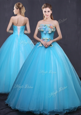Modest Sleeveless Floor Length Appliques Lace Up Sweet 16 Quinceanera Dress with Baby Blue
