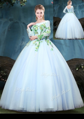 Scoop Long Sleeves Lace Up Vestidos de Quinceanera Light Blue Tulle