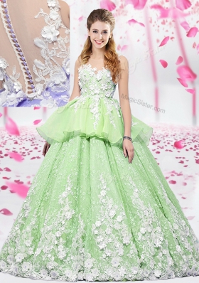 Scoop Sleeveless Lace Up Floor Length Lace and Appliques 15 Quinceanera Dress