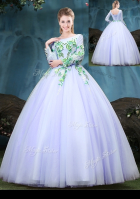 Wonderful Scoop Lavender Lace Up Sweet 16 Dresses Appliques Long Sleeves Floor Length