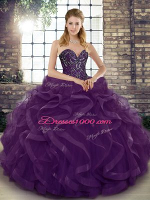 Floor Length Dark Purple Quinceanera Gown Tulle Sleeveless Beading and Ruffles