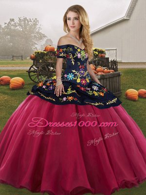Fabulous Red And Black Off The Shoulder Lace Up Embroidery Ball Gown Prom Dress Sleeveless