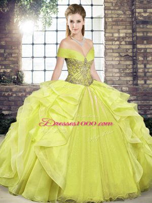 Excellent Yellow Ball Gowns Off The Shoulder Sleeveless Organza Floor Length Lace Up Beading and Ruffles Sweet 16 Dresses