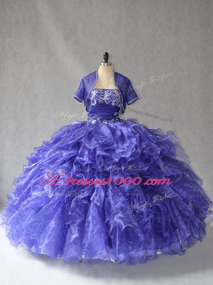 Blue Organza Lace Up Strapless Sleeveless Floor Length Quinceanera Gown Beading and Ruffles