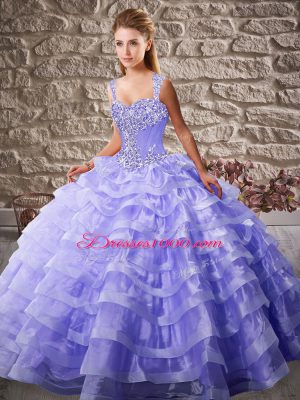 Straps Sleeveless 15th Birthday Dress Court Train Beading and Ruffled Layers Lavender Organza