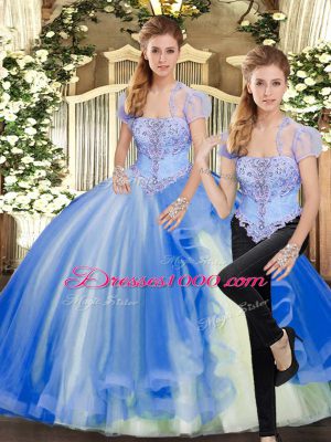 Vintage Sleeveless Tulle Floor Length Lace Up Quince Ball Gowns in Blue with Beading and Ruffles