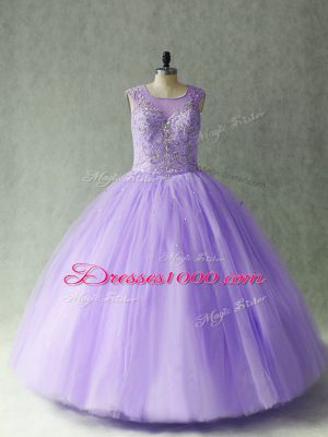 Custom Fit Sleeveless Tulle Floor Length Lace Up Sweet 16 Quinceanera Dress in Lavender with Beading