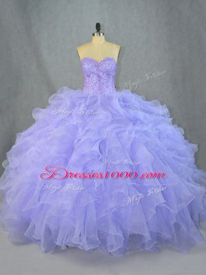 Perfect Floor Length Lavender 15 Quinceanera Dress Organza Sleeveless Beading and Ruffles
