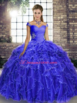 Fashionable Ball Gowns Sleeveless Royal Blue Sweet 16 Dress Brush Train Lace Up