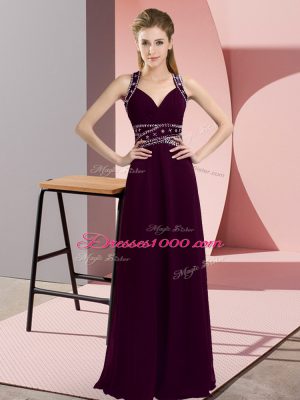 Chiffon Straps Sleeveless Backless Beading Prom Party Dress in Dark Purple