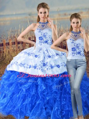 Artistic Sleeveless Organza Court Train Lace Up Quinceanera Dresses in Blue And White with Embroidery and Ruffles