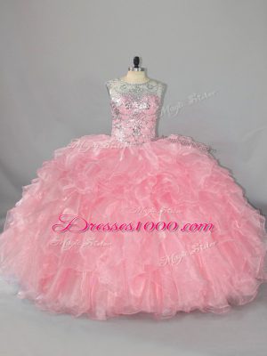 Customized Ball Gowns Ball Gown Prom Dress Pink Scoop Organza Sleeveless Floor Length Lace Up