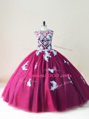 Flare Tulle Scoop Sleeveless Lace Up Beading and Appliques Quinceanera Gowns in Burgundy