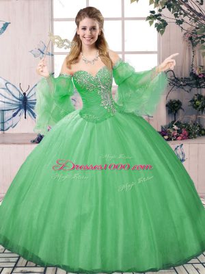 Long Sleeves Floor Length Beading Lace Up Vestidos de Quinceanera with Green
