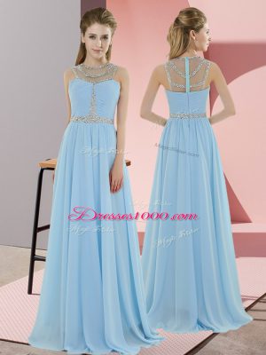Glamorous Empire Evening Dress Light Blue Scoop Chiffon Sleeveless Floor Length Zipper