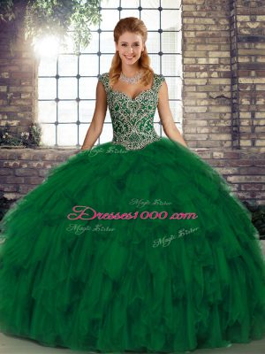 Green Sleeveless Organza Lace Up Quince Ball Gowns for Military Ball and Sweet 16 and Quinceanera