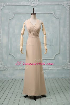 Fashionable Sleeveless Chiffon Floor Length Backless Prom Gown in Champagne with Ruching