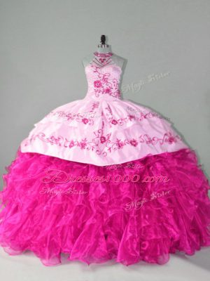 Hot Pink Halter Top Lace Up Embroidery and Ruffles Quinceanera Dress Court Train Sleeveless