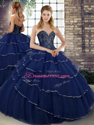 Navy Blue Tulle Lace Up Quinceanera Dress Sleeveless Brush Train Beading and Ruffled Layers