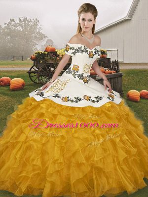 Off The Shoulder Sleeveless Lace Up 15 Quinceanera Dress Gold Organza