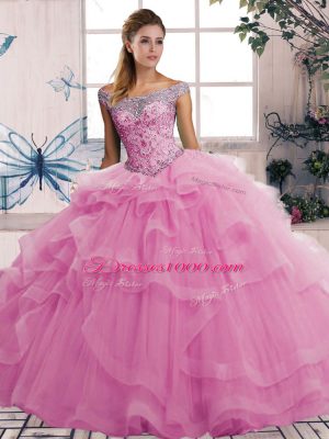 Hot Selling Beading and Ruffles Quinceanera Gown Rose Pink Lace Up Sleeveless Floor Length