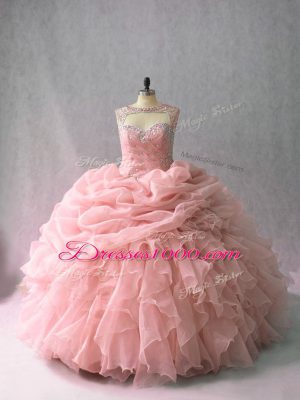 Popular Sleeveless Brush Train Beading and Ruffles and Pick Ups Lace Up Quinceanera Dress