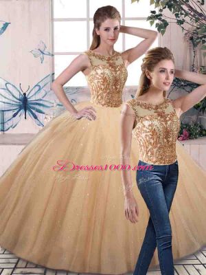 Flirting Gold Sleeveless Tulle Lace Up Quinceanera Gown for Military Ball and Sweet 16 and Quinceanera