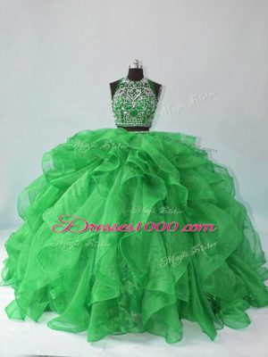 Green Two Pieces Beading and Ruffles Sweet 16 Dresses Backless Organza Sleeveless Floor Length