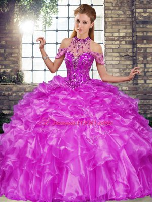 Inexpensive Purple Halter Top Lace Up Beading and Ruffles Sweet 16 Quinceanera Dress Sleeveless