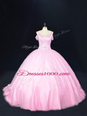 Fitting Baby Pink 15 Quinceanera Dress Tulle Court Train Sleeveless Beading