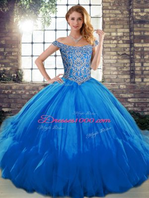 Off The Shoulder Sleeveless Quinceanera Dresses Floor Length Beading and Ruffles Blue Tulle