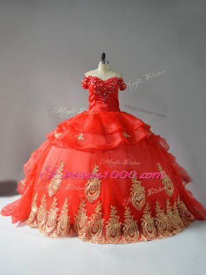 Sleeveless Appliques and Hand Made Flower Lace Up Ball Gown Prom Dress with Red Court Train