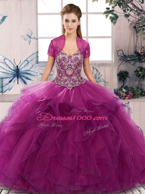 Fine Beading and Ruffles 15th Birthday Dress Fuchsia Lace Up Sleeveless Floor Length