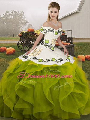Suitable Olive Green Off The Shoulder Neckline Embroidery and Ruffles Quince Ball Gowns Sleeveless Lace Up