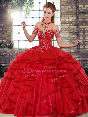 Red Sleeveless Beading and Ruffles Floor Length Quinceanera Dress